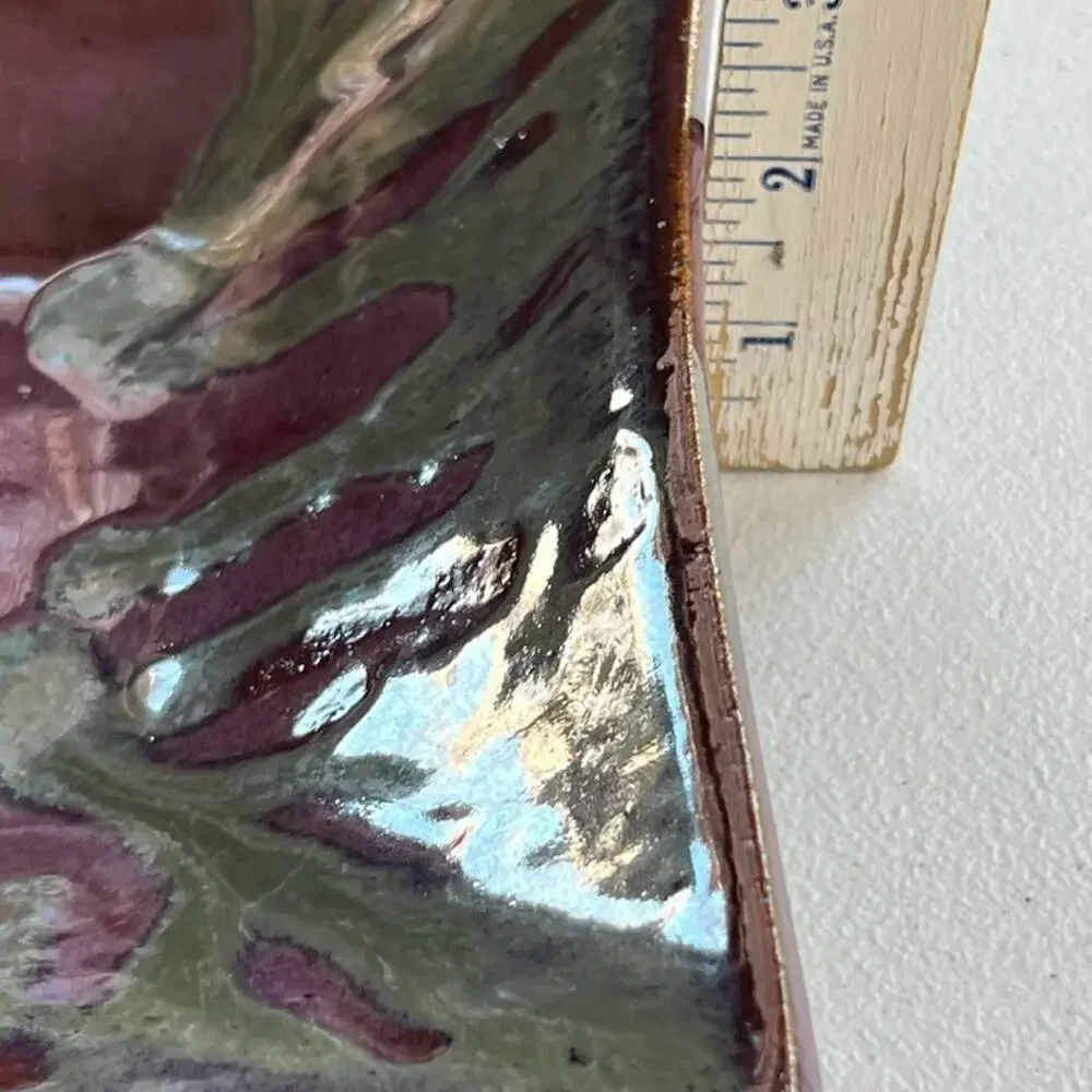 Signed Studio Art Trinket Tray Large Raised Square 9 x 1.5in Purple & Green Drip